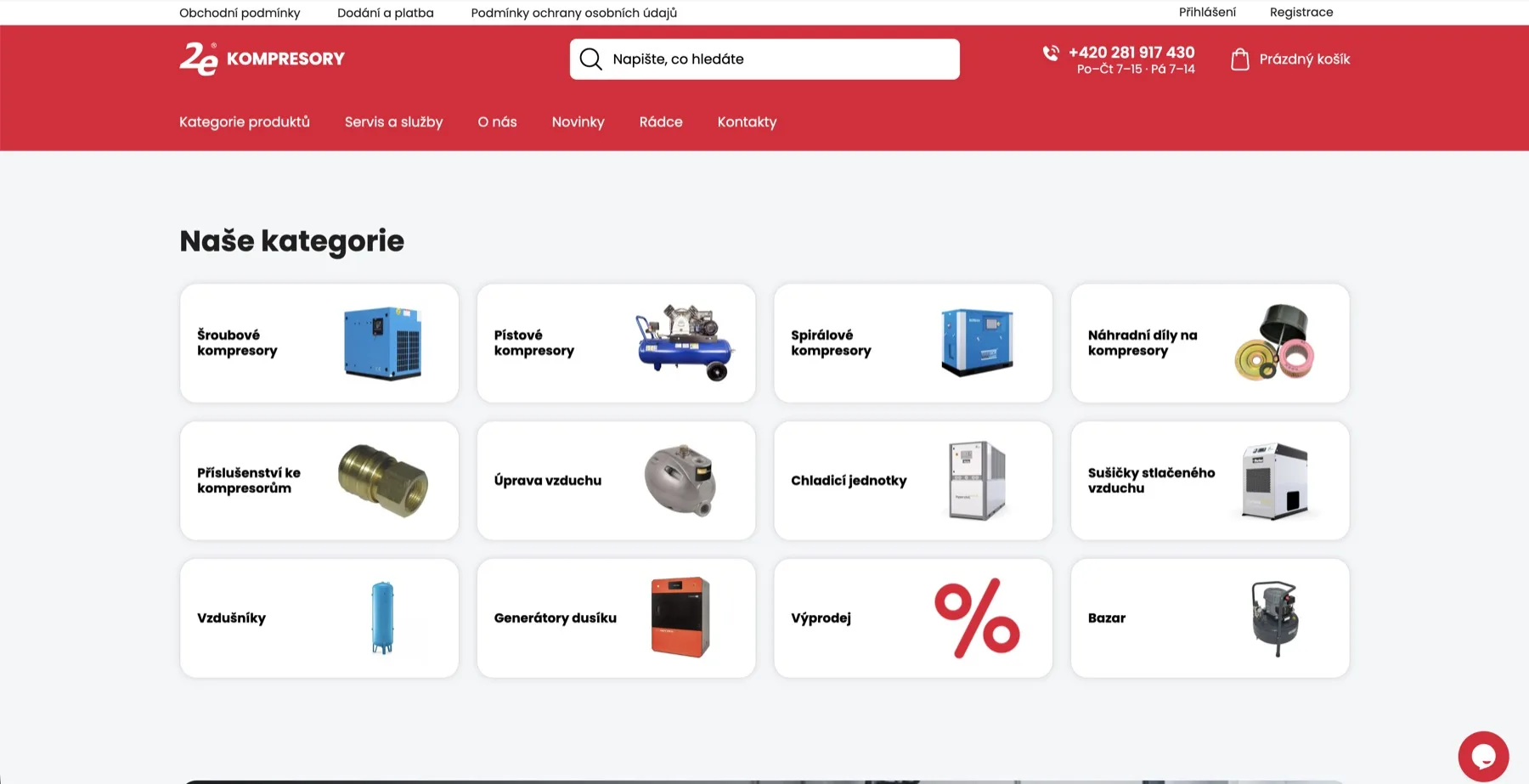 Nová úvodní stránka e-shopu 2e Kompresory s dlaždicemi kategorií