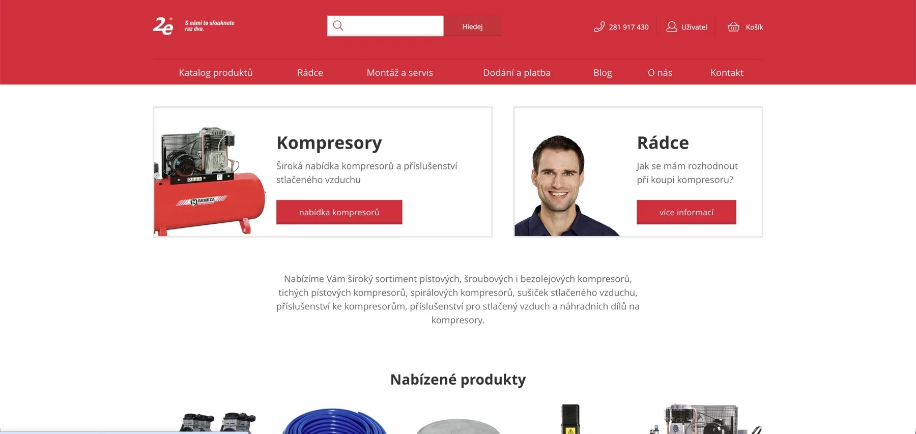 Původní úvodní stránka e-shopu 2e Kompresory