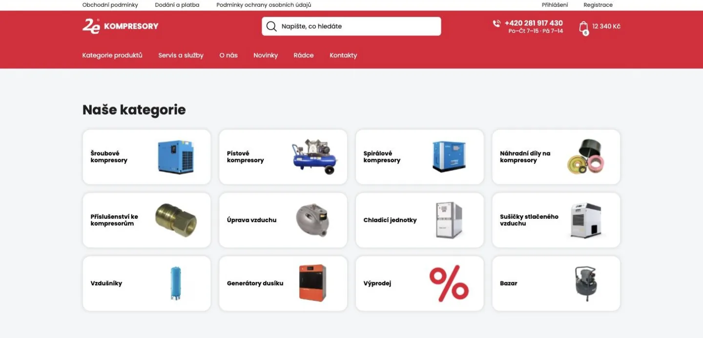 Nová úvodní stránka e-shopu 2e Kompresory s dlaždicemi kategorií