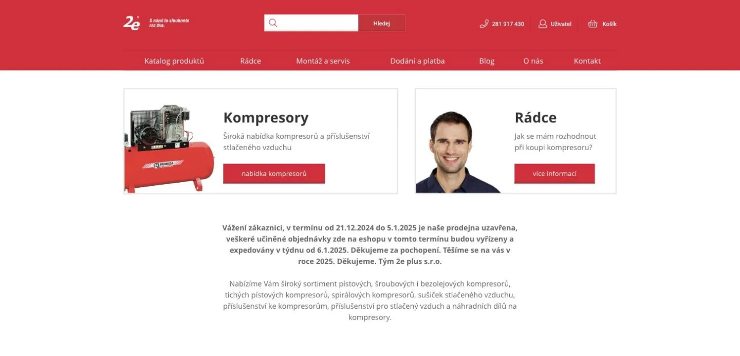Původní úvodní stránka e-shopu 2e Kompresory